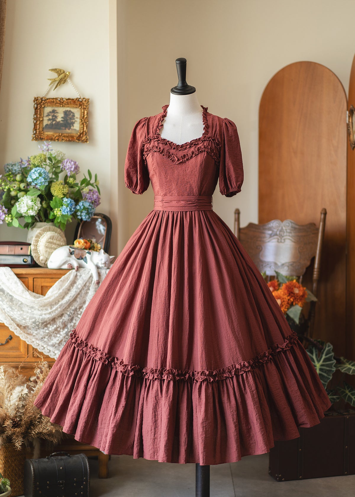Vintage Square-Neck Puff-Sleeve Tiered Dress FOR0073