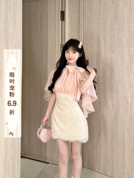 Pink Cape Sleeve Lace Mini Dress BEL0031