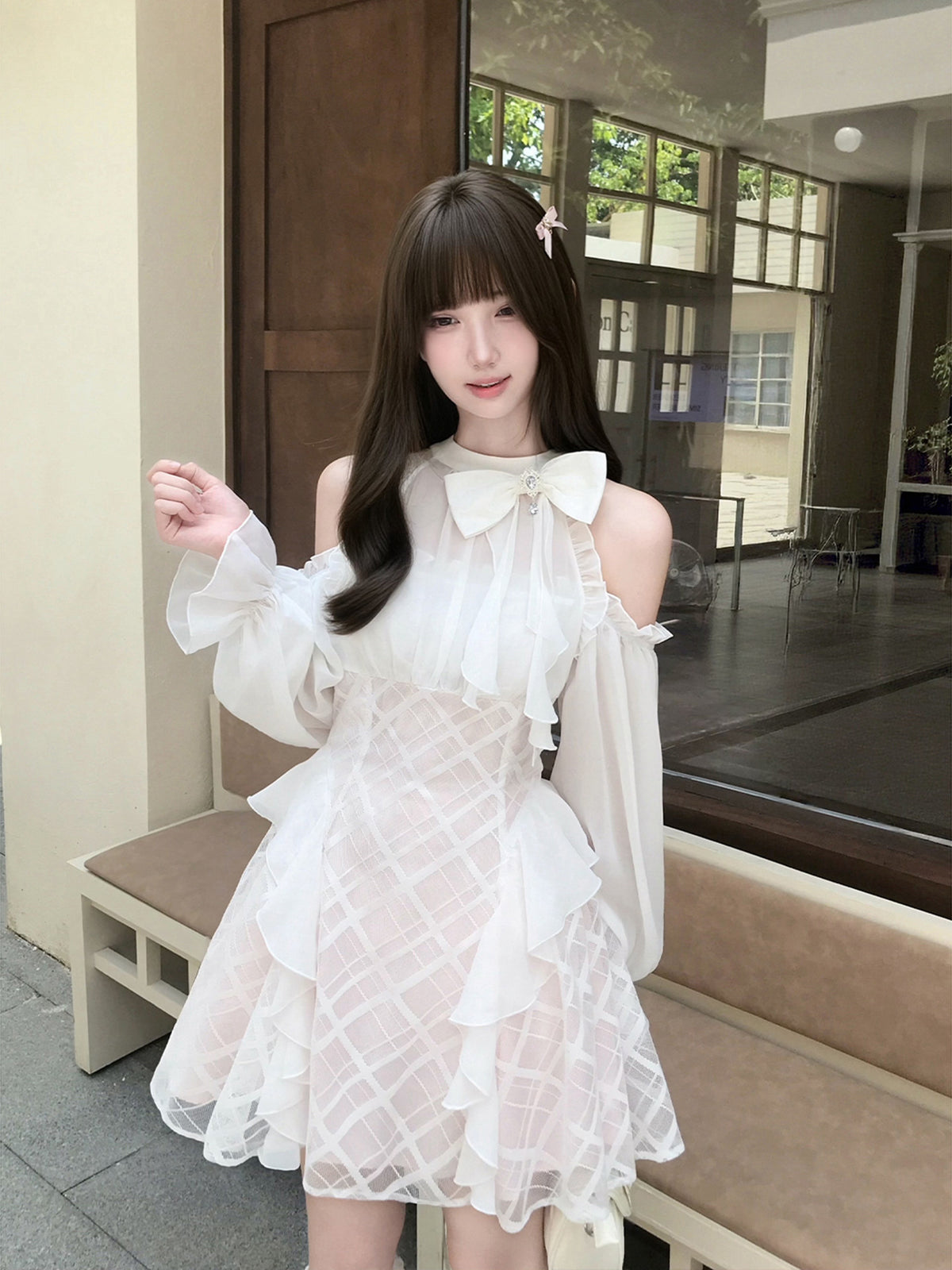 Off-Shoulder Bow Tiered Tulle Dress LAL0133