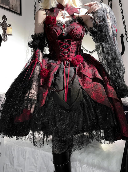 【予約商品】Rose Lolita Dark Style High Waist Dress YOU0179