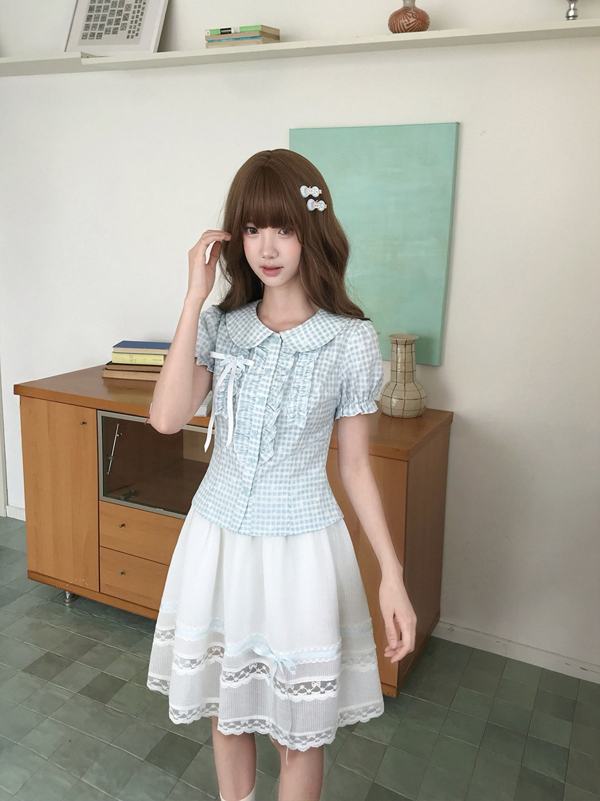 Blue White Gingham Doll Collar Blouse LAL0206