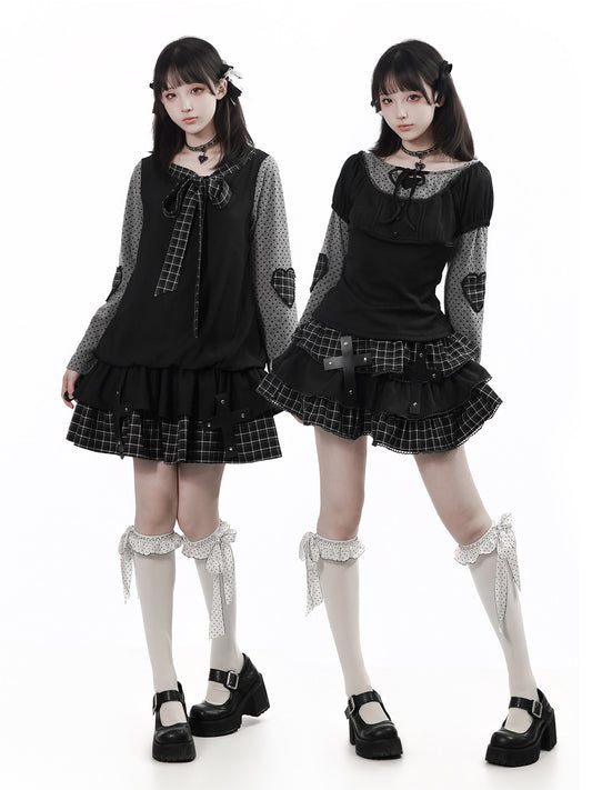 Plaid Puff Sleeve Gothic Tiered Dress PIN0026