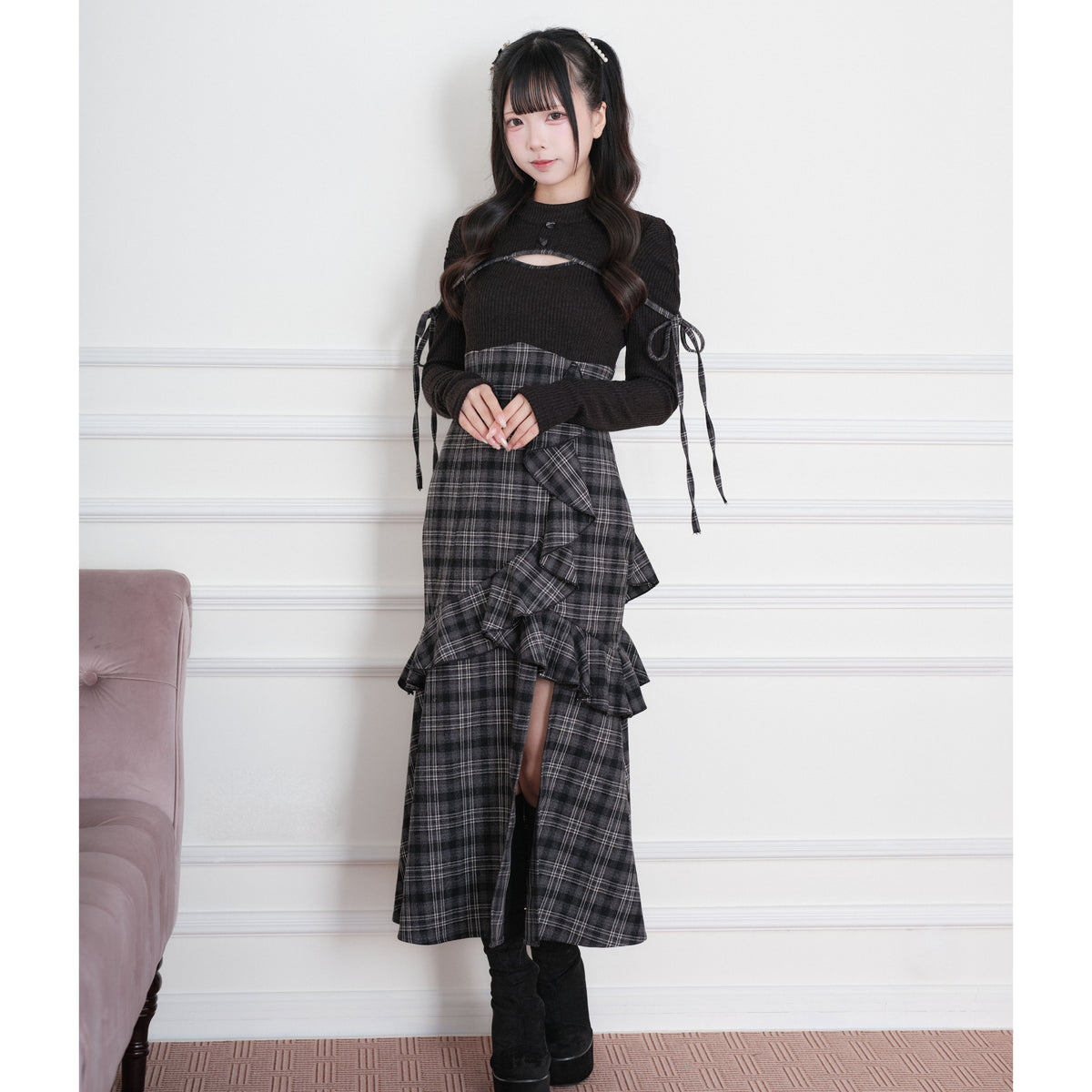Knit Check Patchwork Long Dress NOG0023