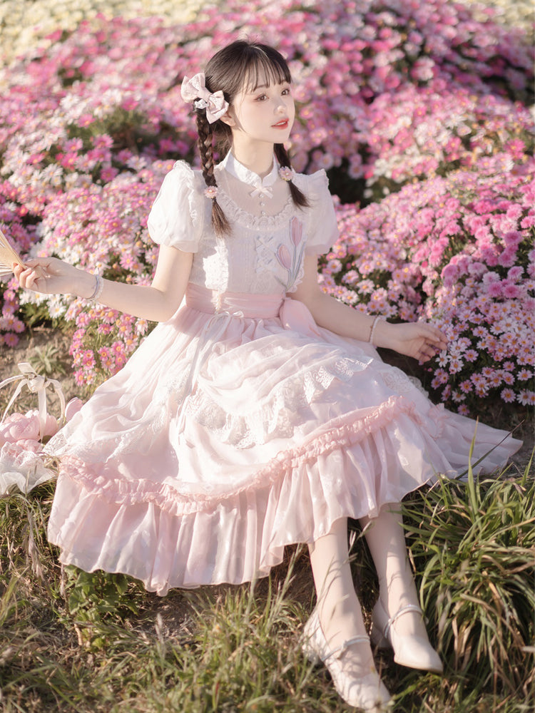 Tulip Embroidery Sweet Pink Ribbon Lolita Dress YOU0037