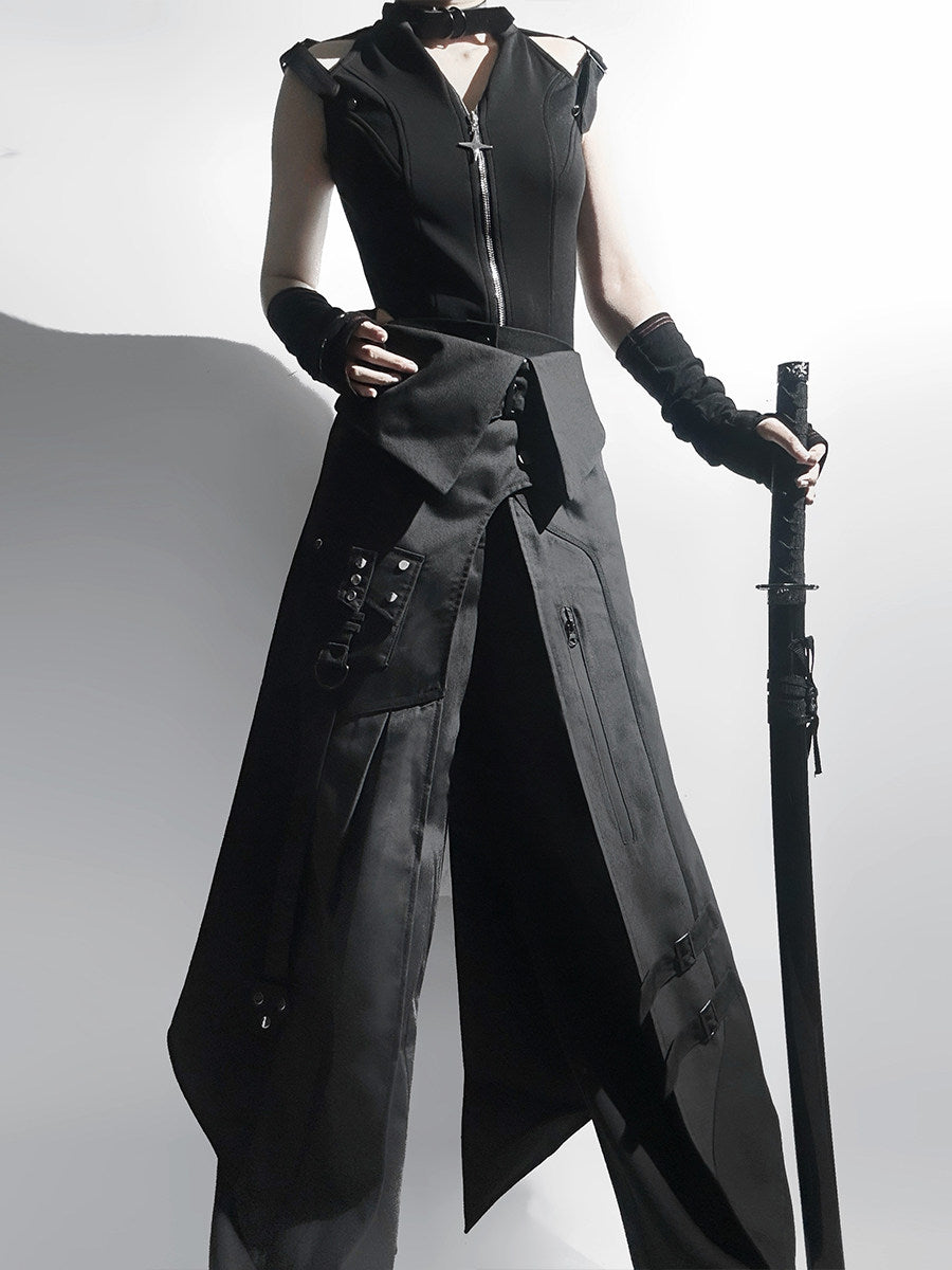 Black Gothic Asymmetric Apron Pants Set YOU0291