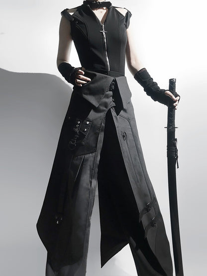 Black Gothic Asymmetric Apron Pants Set YOU0291