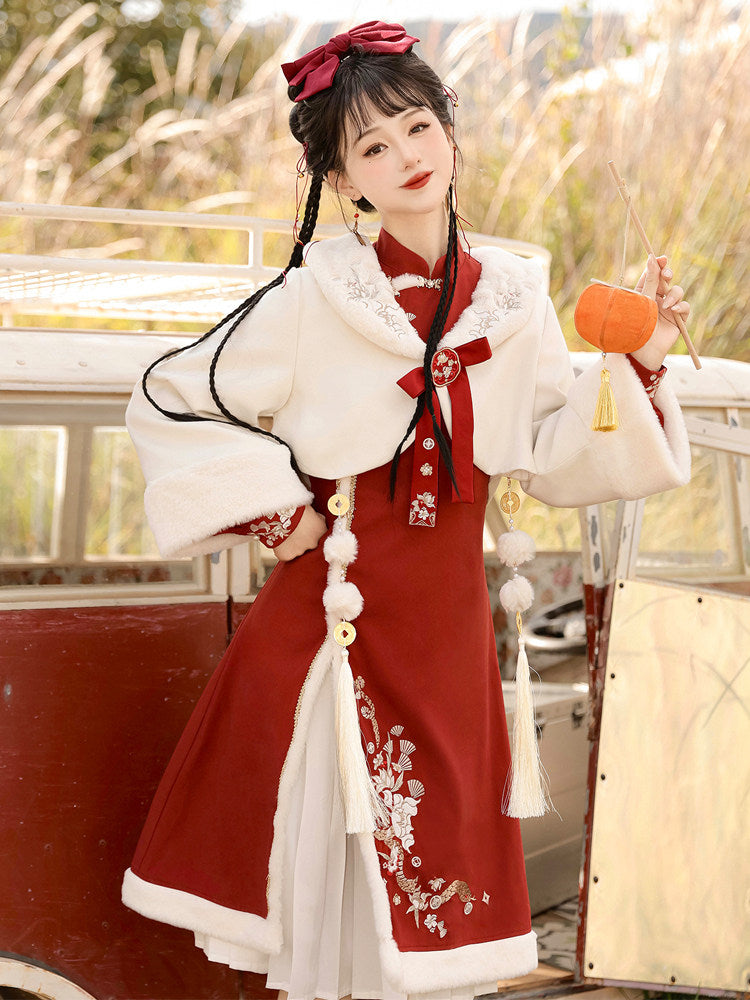 Chinese New Year Fur-Trim Jacket Dress Set YOU0241