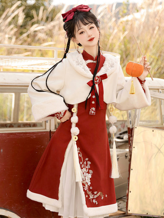 Chinese New Year Fur-Trim Jacket Dress Set YOU0241