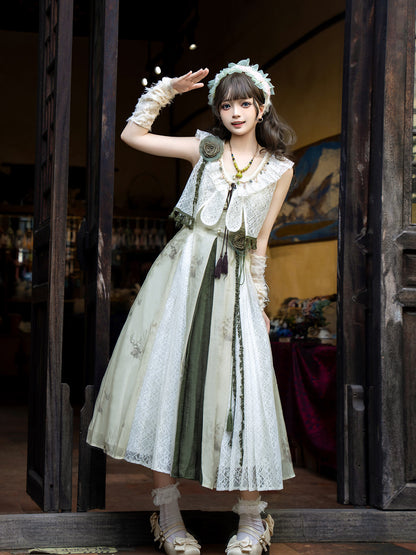 Ivory Floral Chiffon Asymmetric Hem Dress With Lace Vest YOU0308