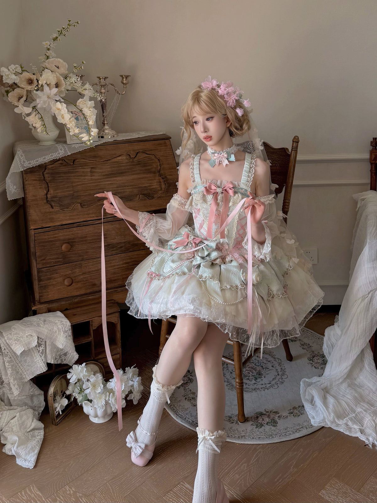 Pastel Floral Sheer Lace Lolita Dress ONE0022