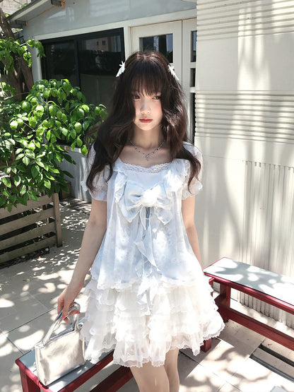 Floral Puff Sleeve Lace Trim Blouse LAL0199