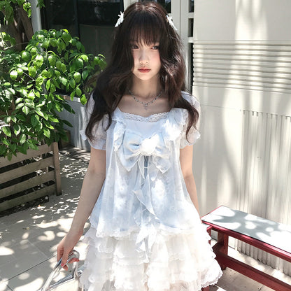 Floral Puff Sleeve Lace Trim Blouse LAL0199