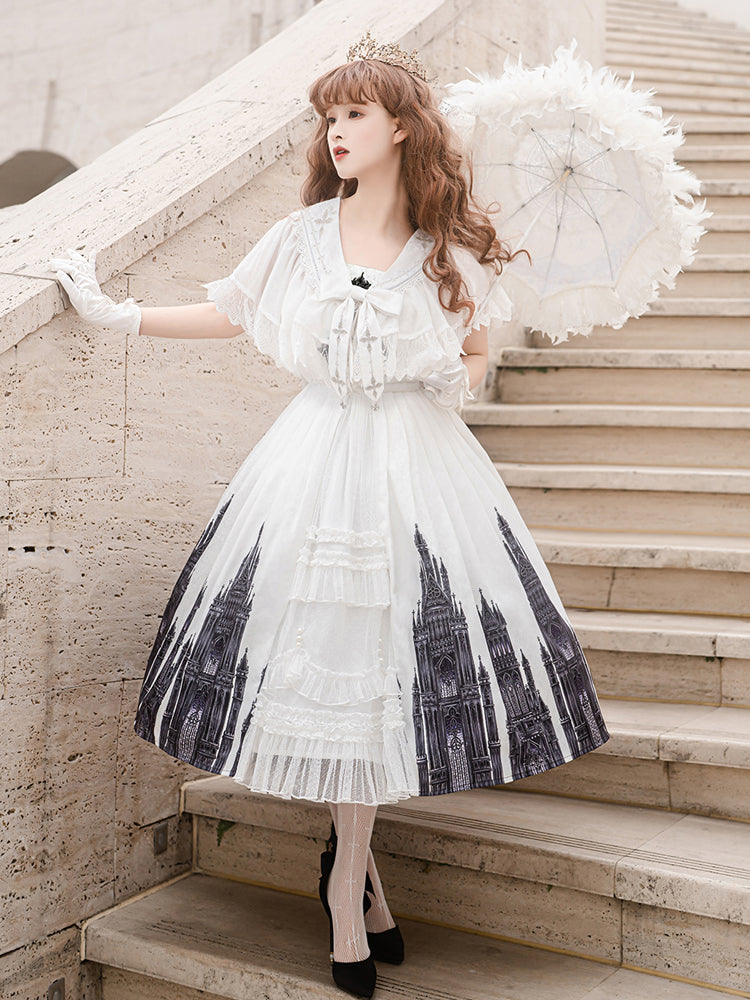 Church Print Black & White Lolita Dress YOU0057