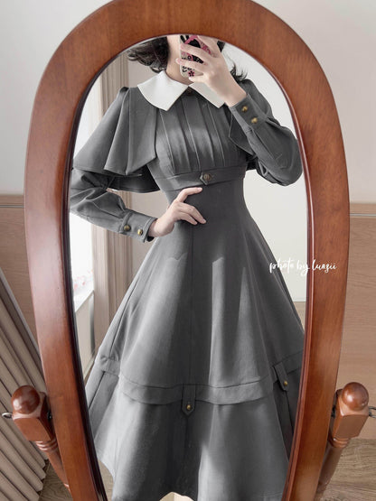 Vintage Cape Collar Waist-Cinching Dress FOR0060