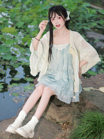 Tie-Dye Mint Camisole Dress With Crochet Shawl YOU0282
