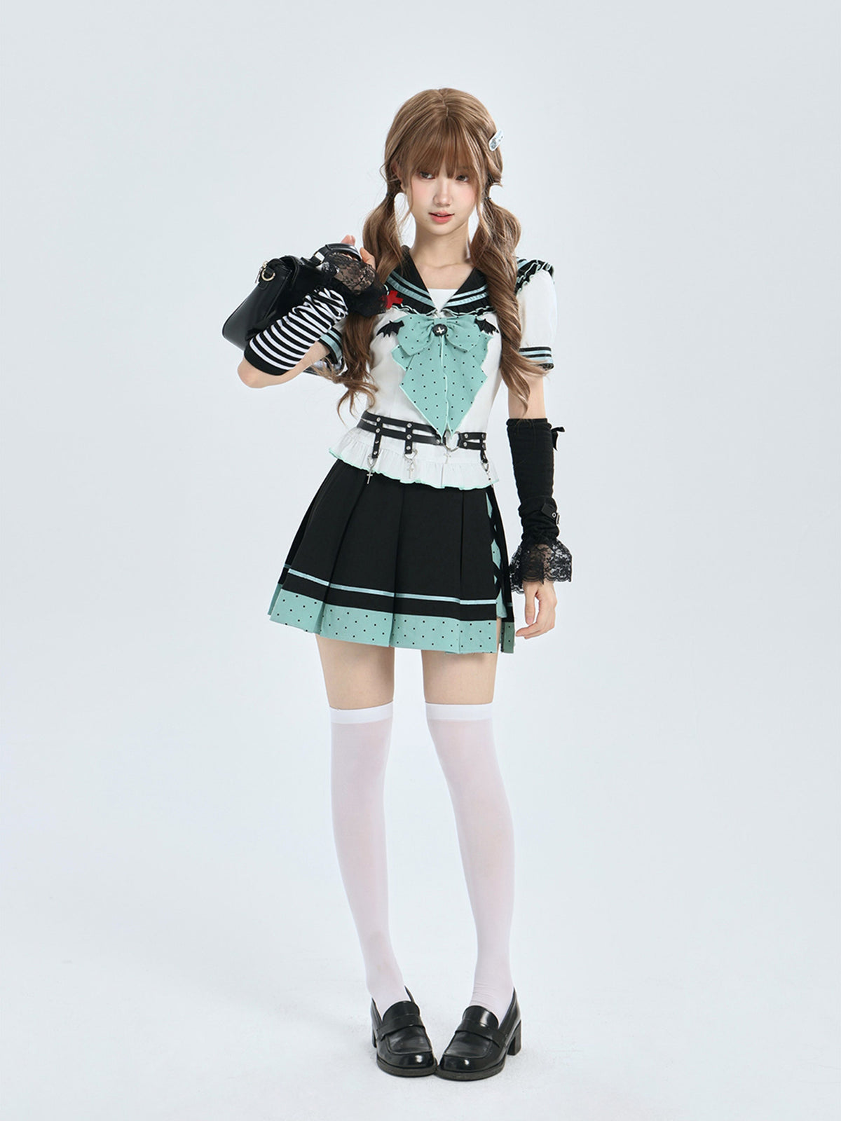 Mint And Black Sailor Collar Bow Blouse LAL0214