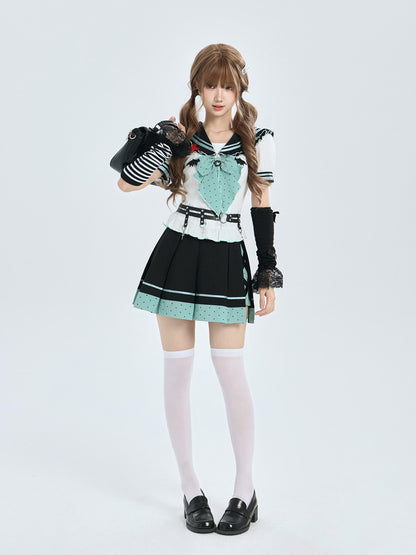 Mint And Black Sailor Collar Bow Blouse LAL0214