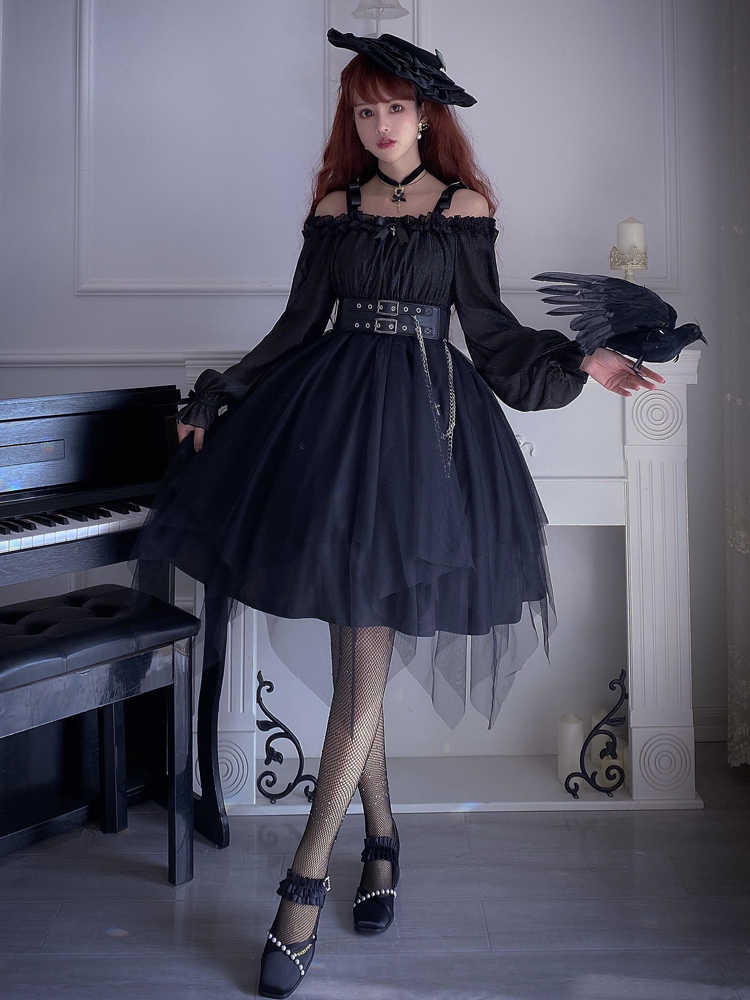 Dark Angel Goth Girl Lantern Long Sleeve One-Line Collar Dress YOU0136