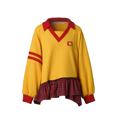 V-Neck Color Block Sweatshirt And Plaid Skirt Set PIN0052