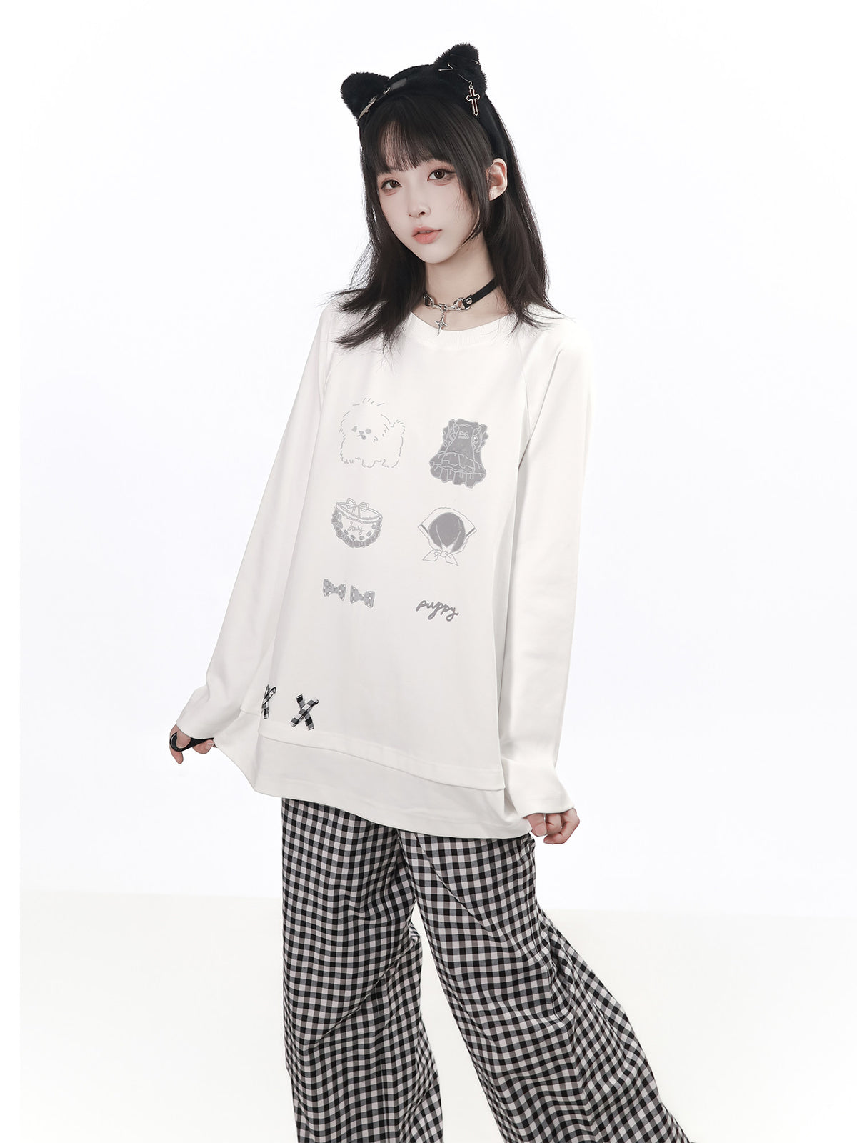 Puppy Patch Long Sleeve Top With Gingham Pants PIN0029