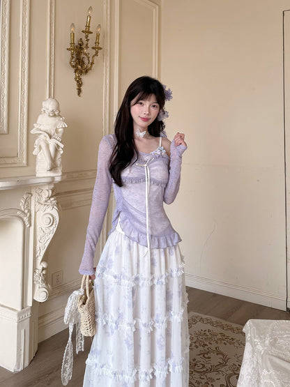 Floral Lace Cardigan Tiered Skirt Set BEL0016