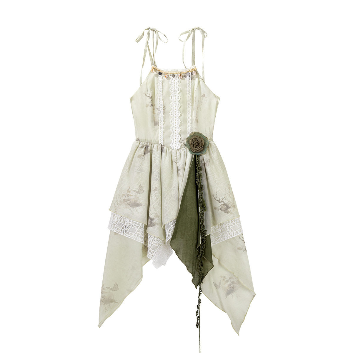 Ivory Floral Chiffon Asymmetric Hem Dress With Lace Vest YOU0308