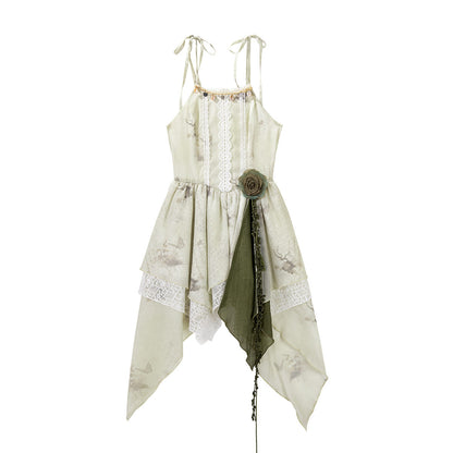 Ivory Floral Chiffon Asymmetric Hem Dress With Lace Vest YOU0308