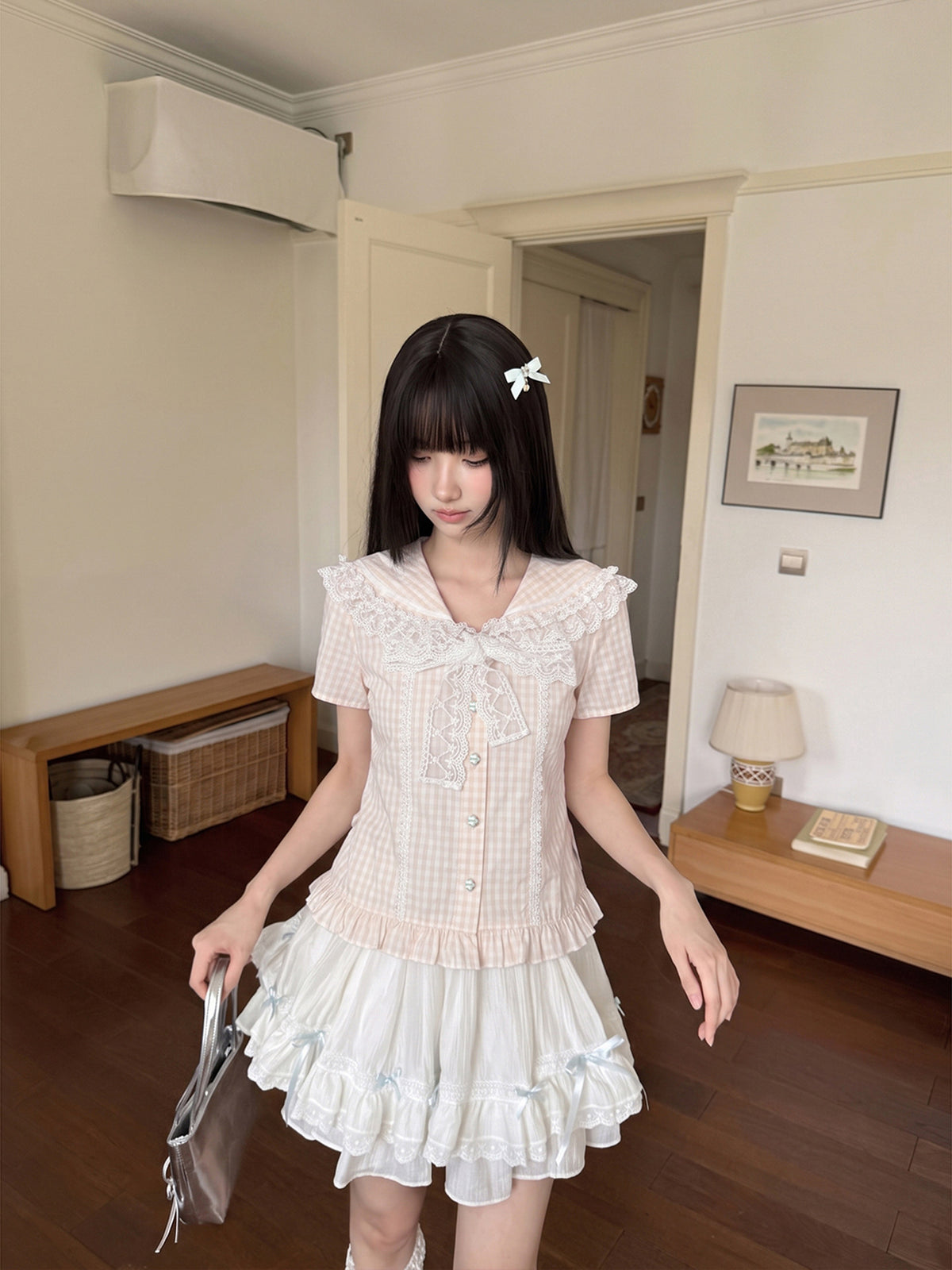 Gingham Ruffle Collar Puff Sleeve Blouse LAL0215