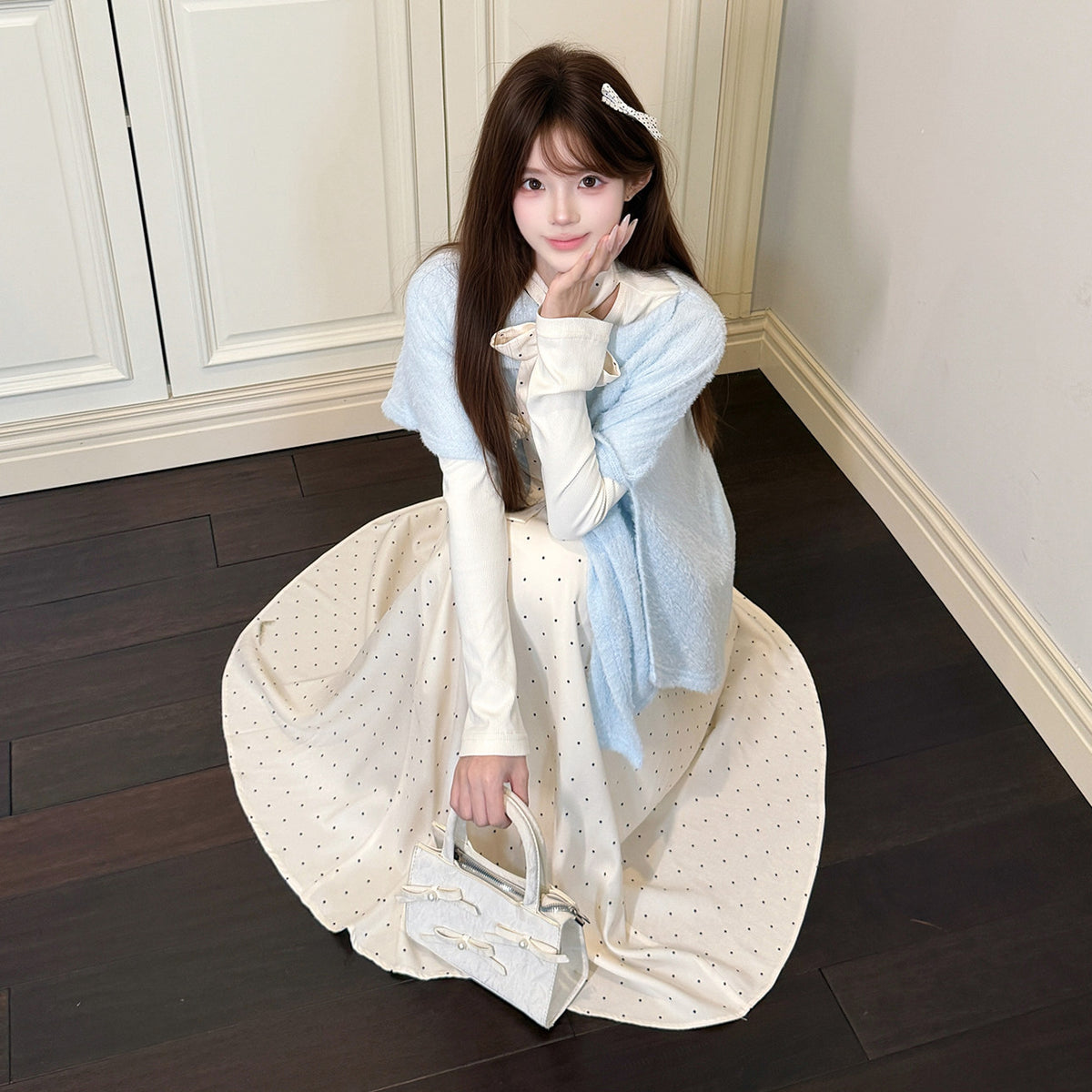 Polka Dot Shawl Knit Three-Piece Set BEL0017