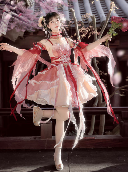 Chinese Style Pink Ombre Feather-Sleeve Dress YOU0298