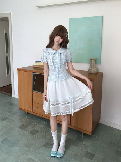 Blue White Gingham Doll Collar Blouse LAL0206