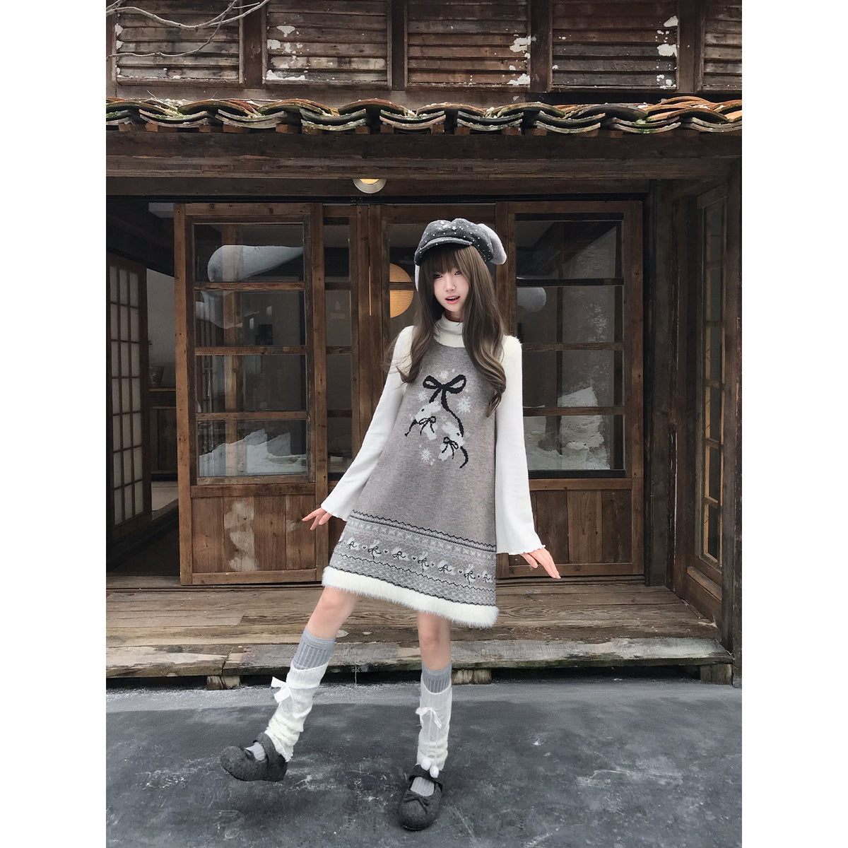 Rabbit Fleece Knit Dress With Removable Cape LAL0139
