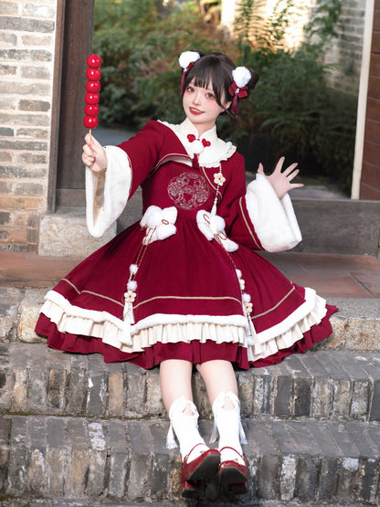 Chinese Style Red New Year Cape Dress Set YOU0236