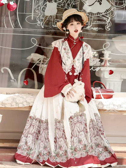 Strawberry and Bunny Chinese-Style Shawl Red Long Sleeve Dress YOU0188