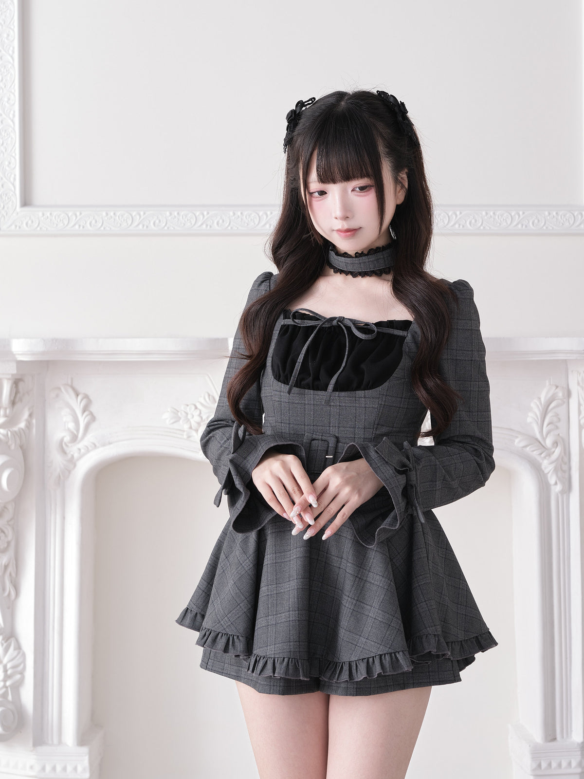 Plaid Square Neck Belted Dress NOG0027