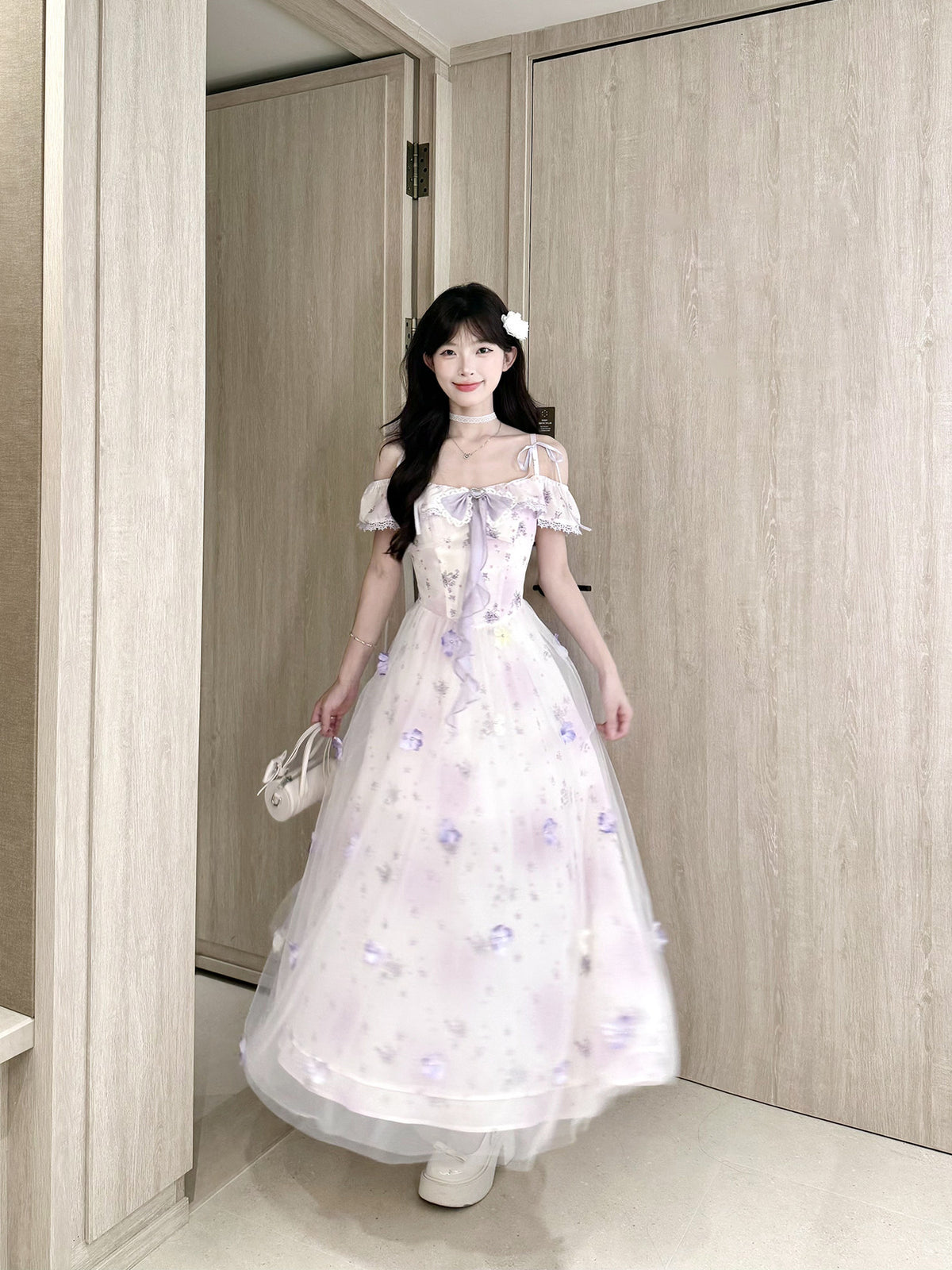 Off-Shoulder Floral Mesh Fairy Maxi Dress BEL0040