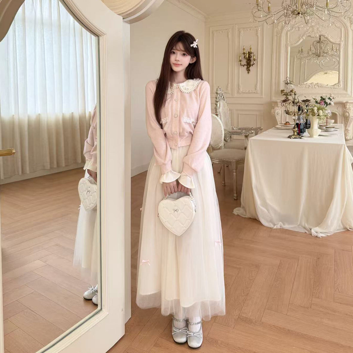 Doll Collar Knit Cardigan Mesh Skirt Set BEL0043