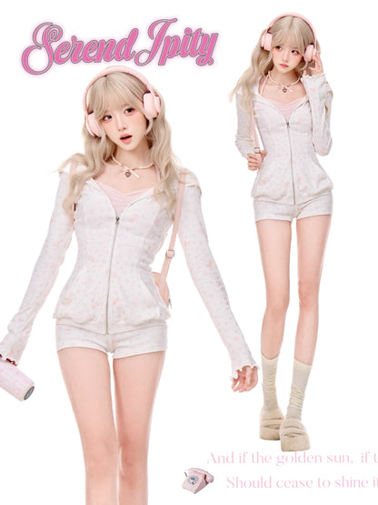 Floral Print Jacket Pink Cami And Shorts Three Piece Set SER0158