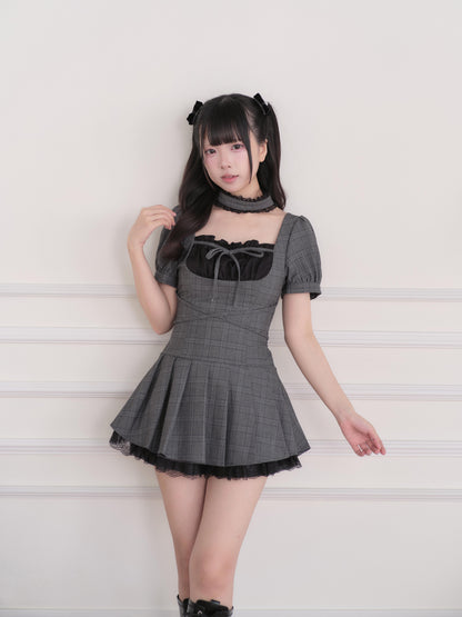 Checkered Choker Neck Pleated Dress Set NOG0033