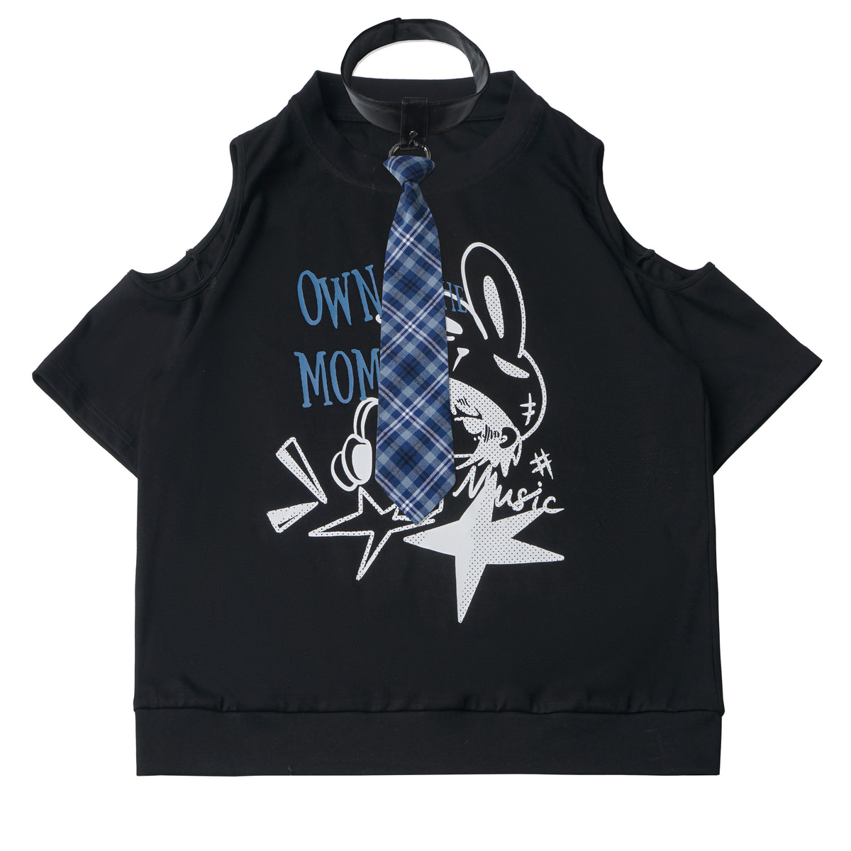 Cutout Shoulder Print Sweatshirt With Plaid Trim PIN0042