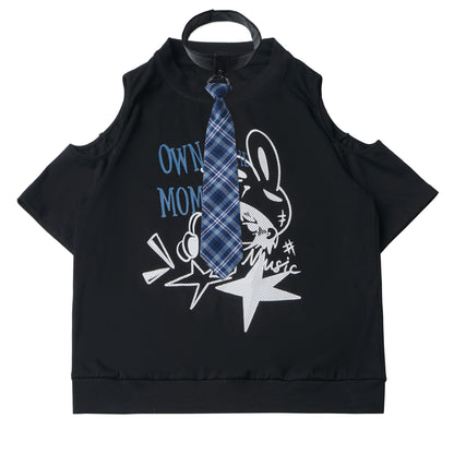 Cutout Shoulder Print Sweatshirt With Plaid Trim PIN0042