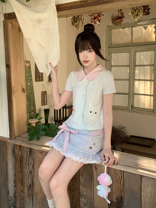 Mint Peter Pan Collar Cat Pocket Blouse LAL0182