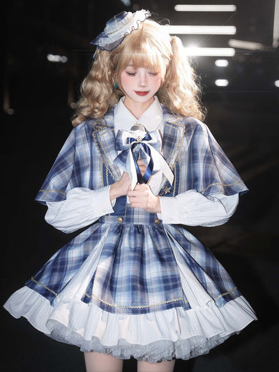 Plaid Cape Bow Blouse With Tiered Skirt LAL0167