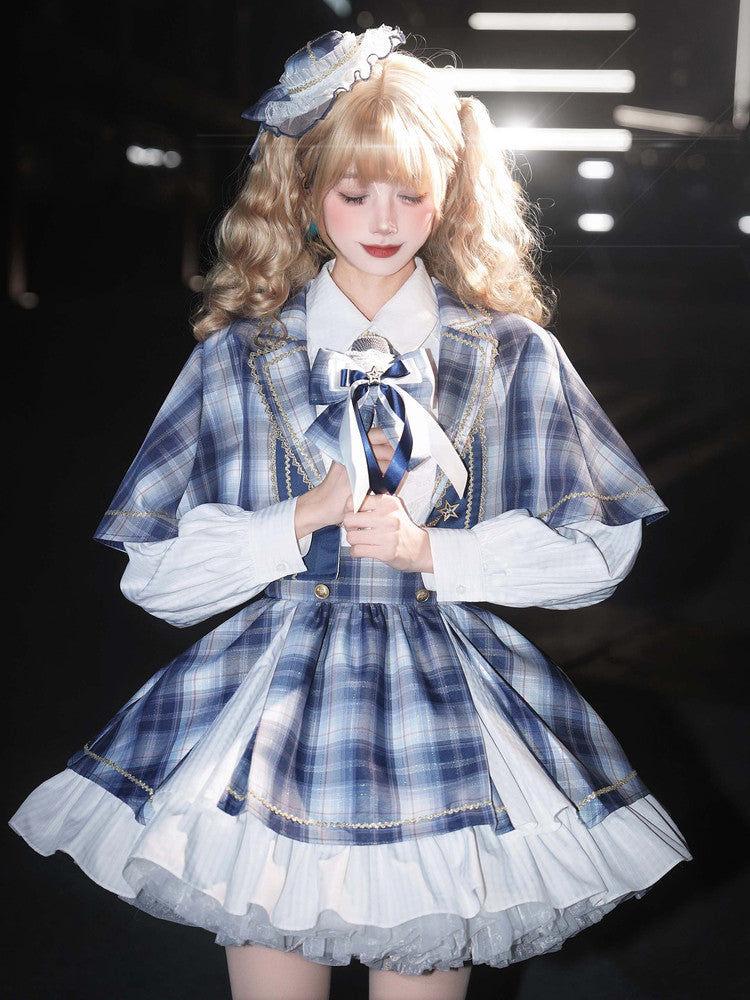 Plaid Cape Bow Blouse With Tiered Skirt LAL0167