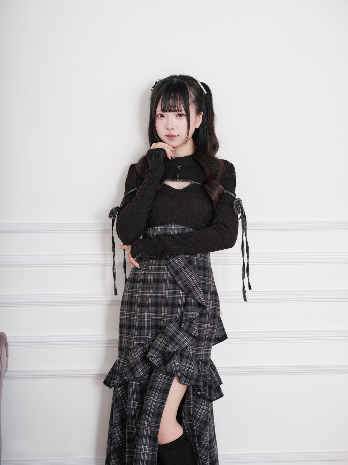 Knit Check Patchwork Long Dress NOG0023
