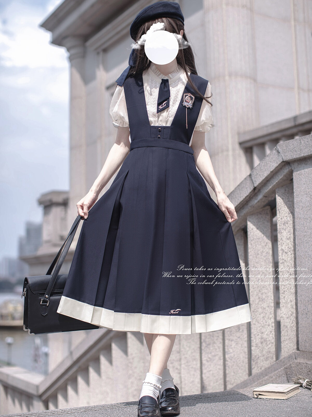 Elegant Puff Sleeve Inner Shirt & Navy Skirt  HUT0094