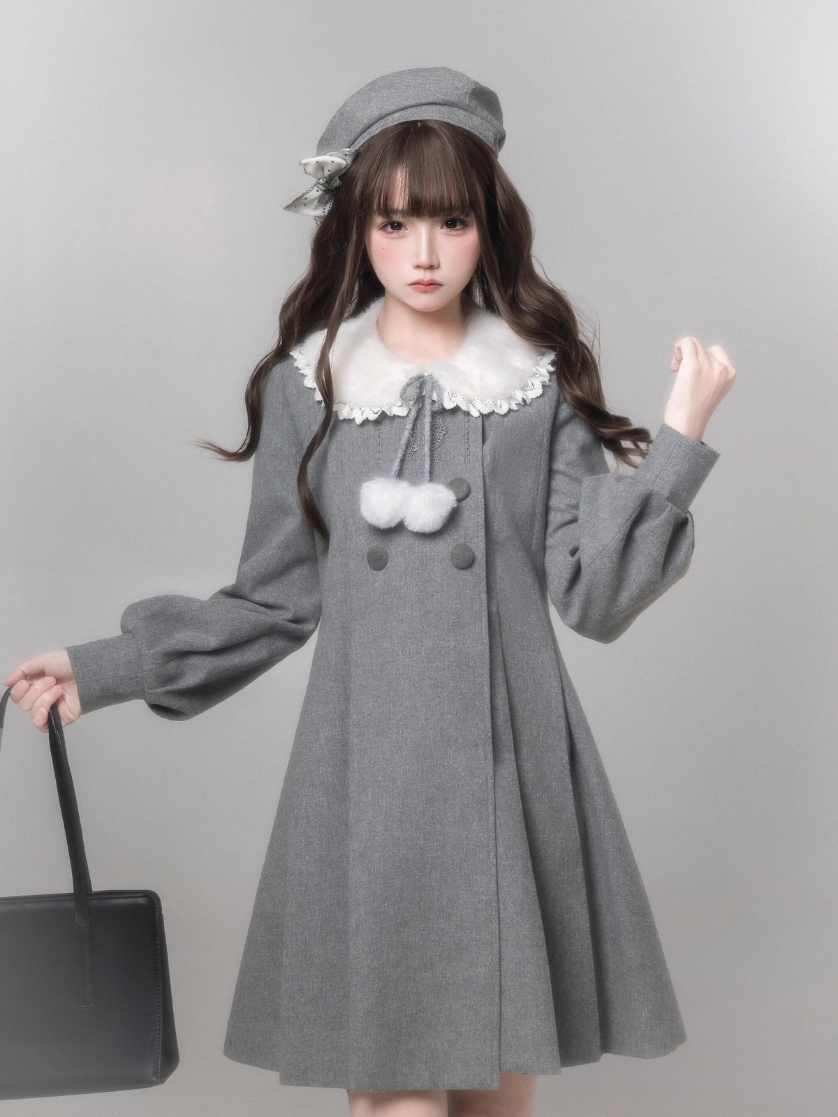 Gray Wool Coat Beret Scarf Set HUT0159