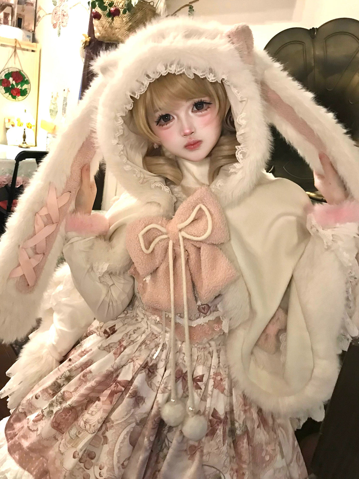 Fluffy Rabbit Ear Hooded Fur Cape YOU0227