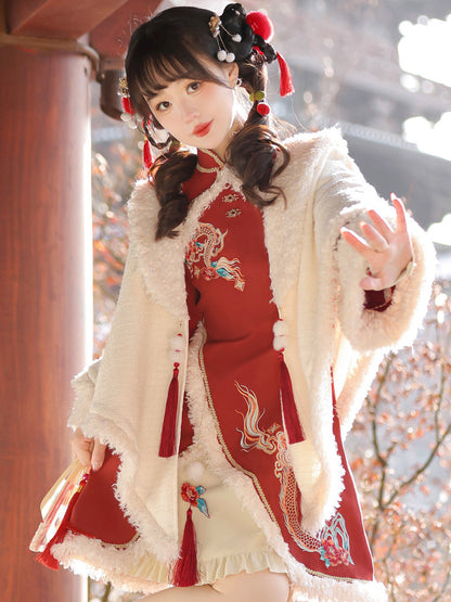 Chinese Style Embroidered Fur Trim Cape Dress Set YOU0238