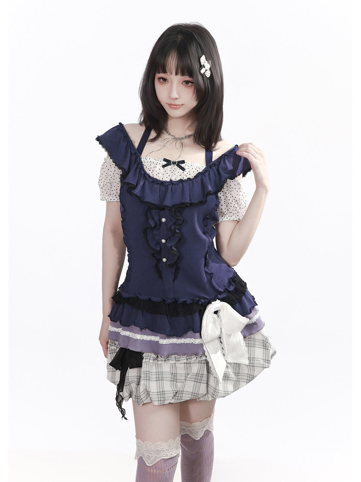 Corset Bodice Top And Plaid Bubble Skirt PIN0049